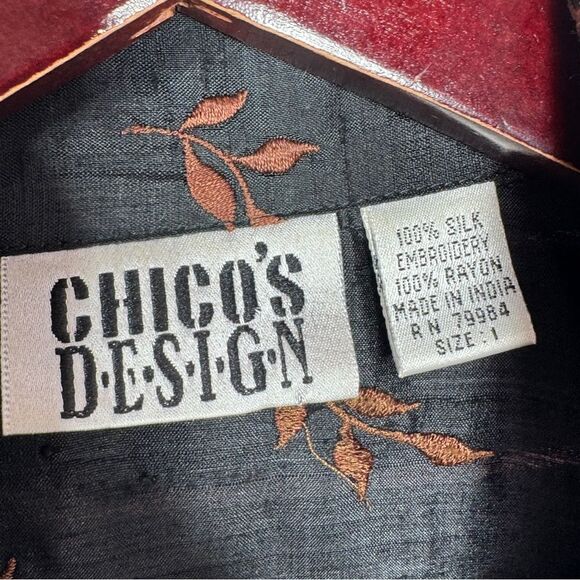 Chicos Embroidered Dupioni Slub Silk Shacket Jacket Black Brown Medium - Picture 9 of 11